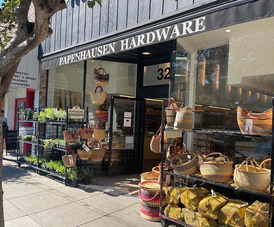 Front, exterior street view of Papenhausen Hardware store in West Portal