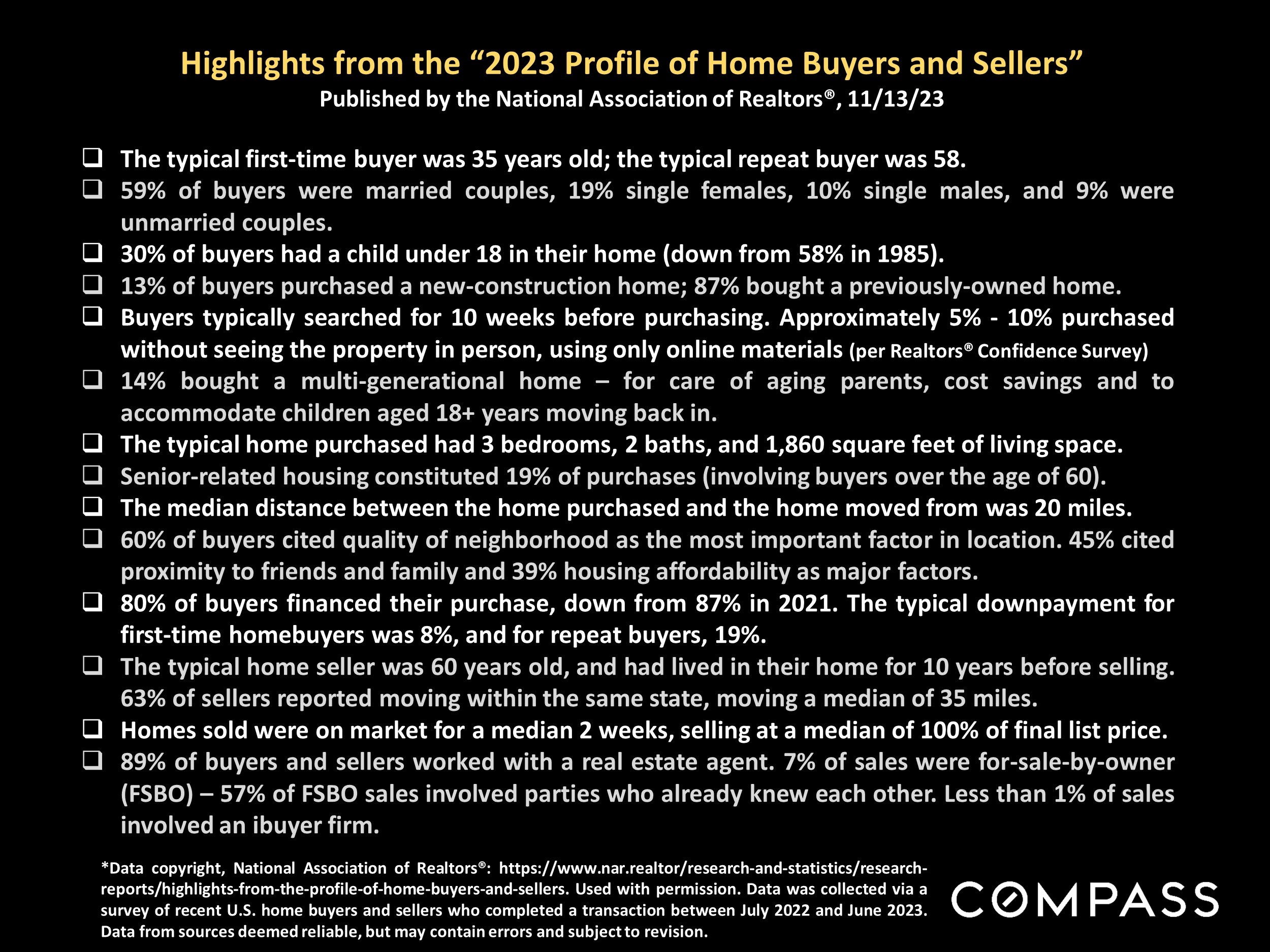 Highlights from the "2023 Profile of Home Buyers and Sellers" Published by the National Association of Realtors®, 11/13/23