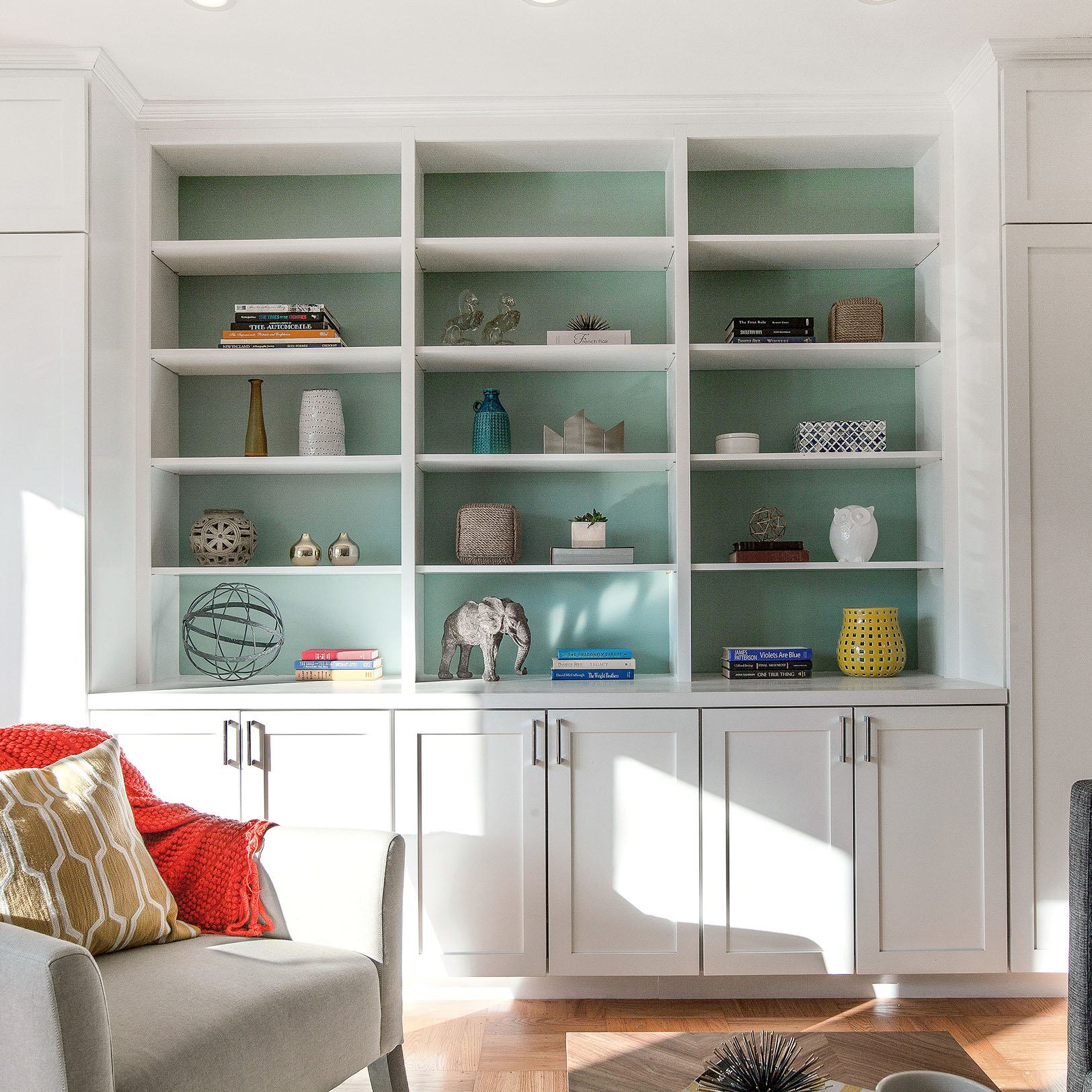 Interior view of 588 Arguello, featuring a built-in bookshelf